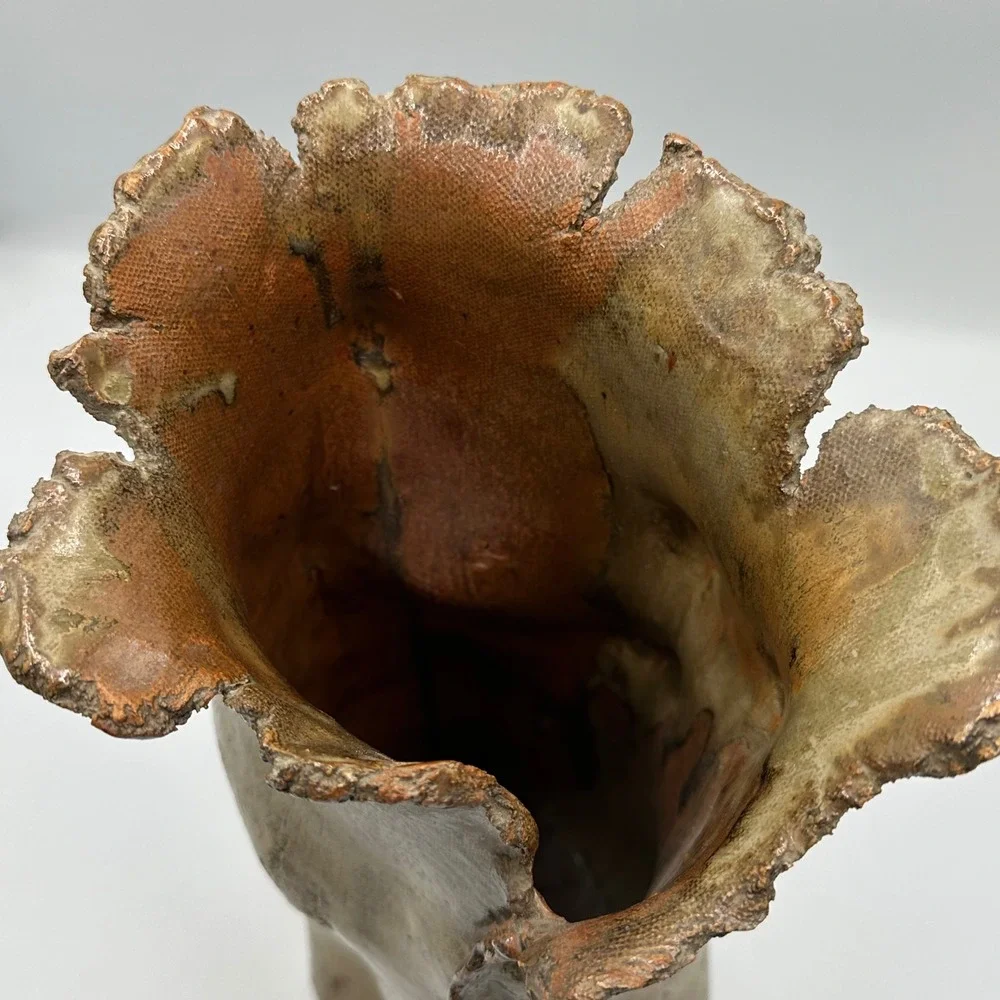 HIL Studio Pottery Vase 1986 Sea Anemone Tan Olive Brutalist Organic Art Vessel